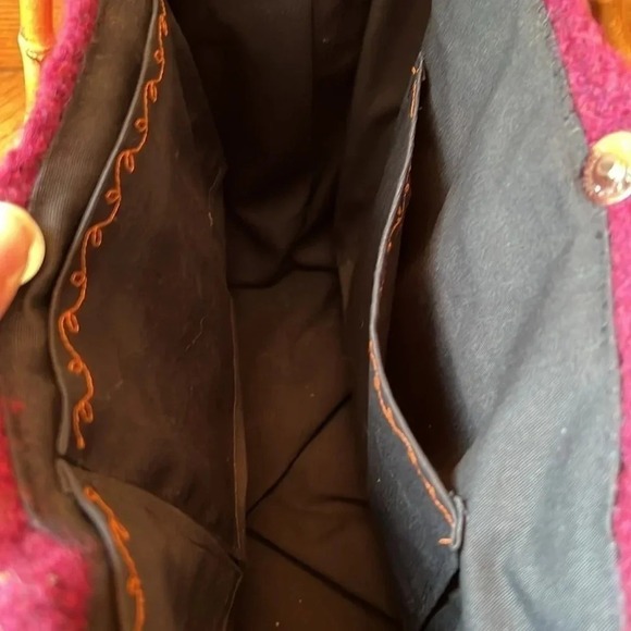 Hand knitted purse with bamboo handles boho purple pink orange flower both sides - Picture 9 of 14